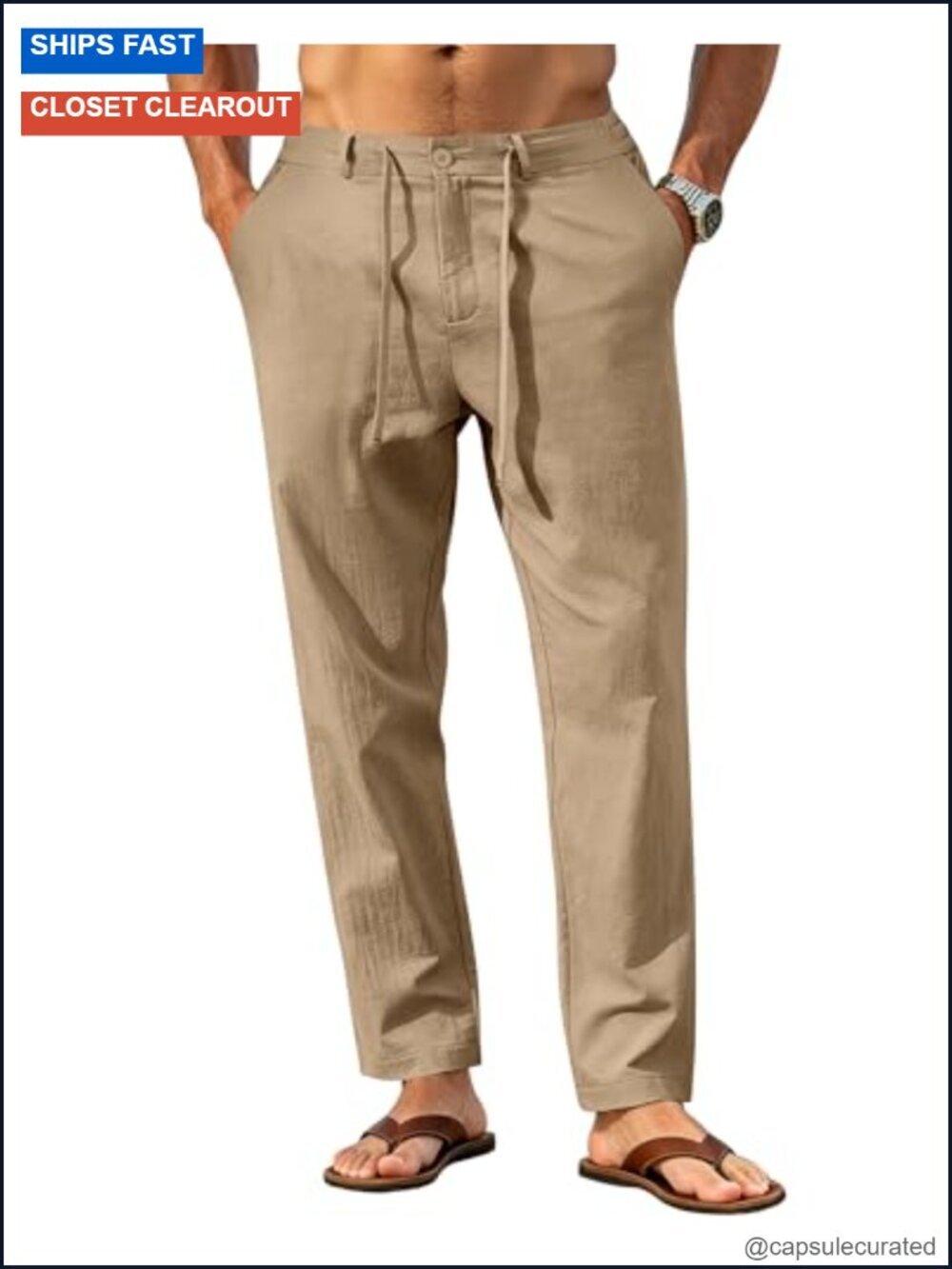Linen Drawstring Pants with 4 Pockets Lightweight Casual